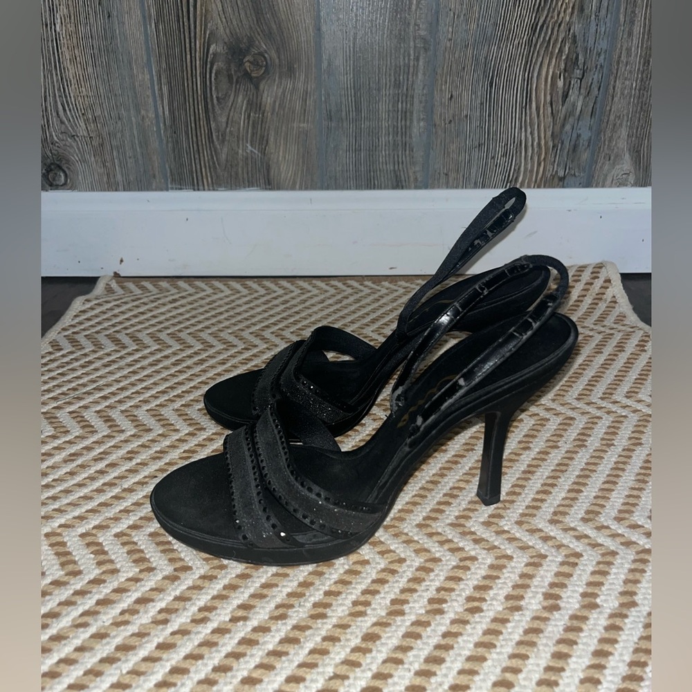 Nina black size 6.5 open toe spike heel with rhinestone detailing